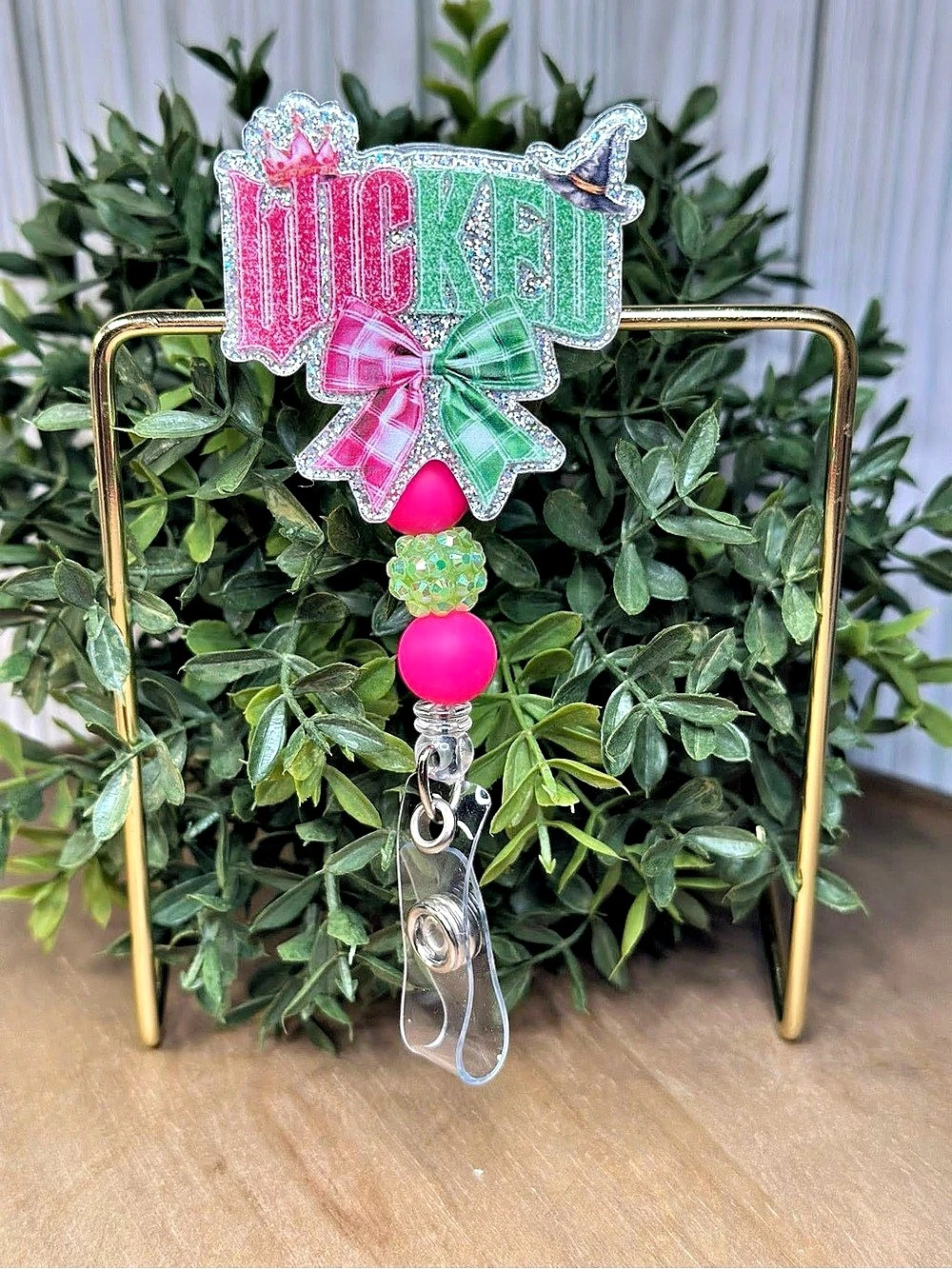 Pink & Green Beaded ID Badge Holder